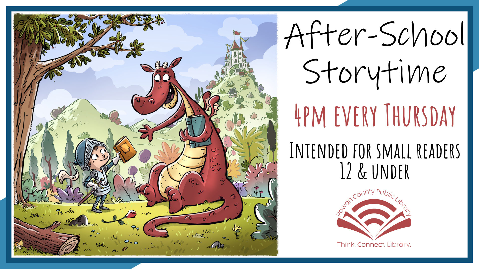 After-School Storytime, Thursdays weekly at 4pm, intended for ages 12 & under