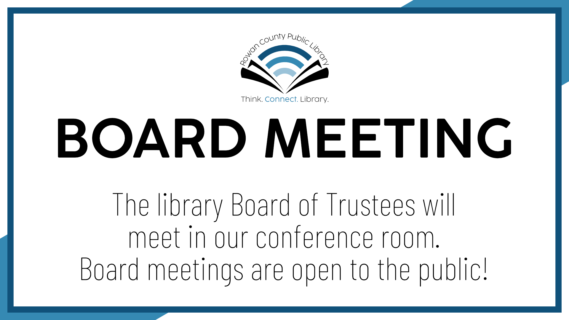 Board of Trustees meeting, third Wednesday monthly at 3pm, intended for adults, open to the public