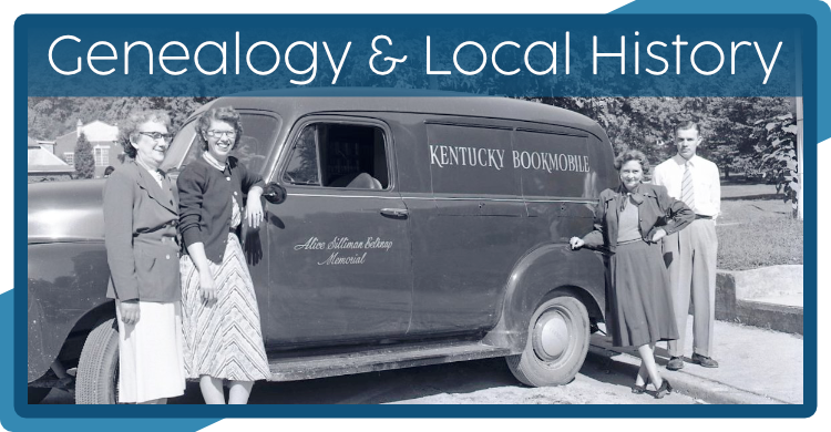 Genealogy and Local History header showing a historical black and white photo of four people standing next to the early iteration of the bookmobile