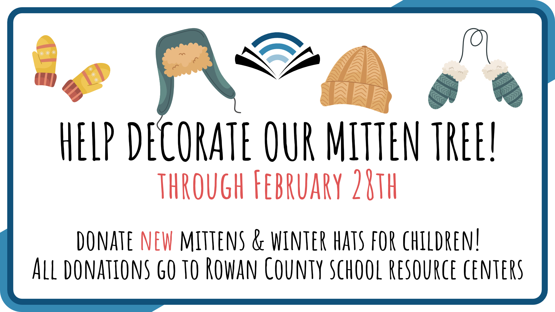 RCPL logo with a row of winter hats and mittens requesting donations of same for children