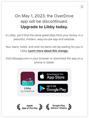 Screenshot of message giving OverDrive sunset date