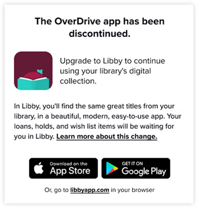 Screenshot of message that OverDrive is discontinued