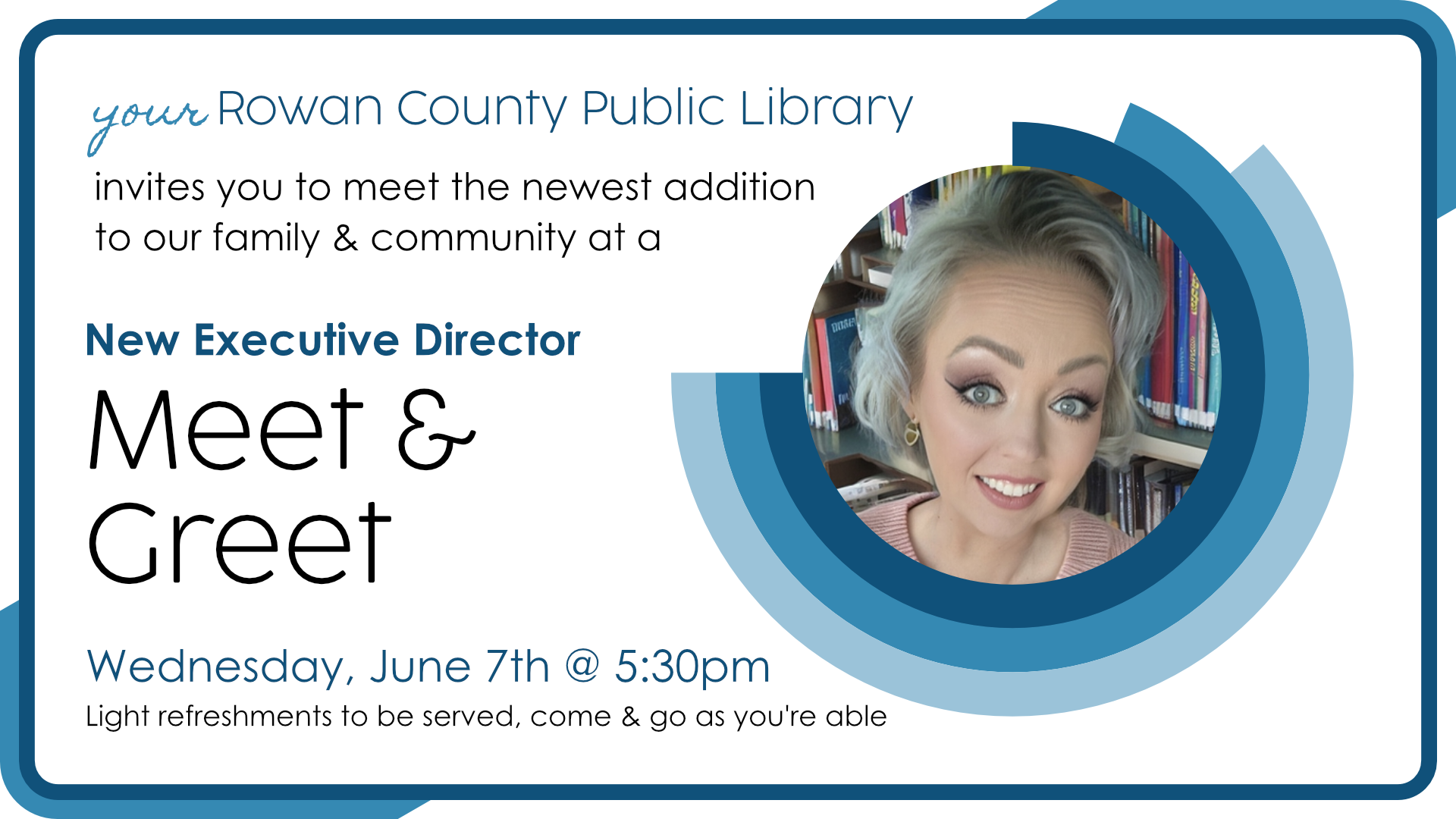 Come meet the library's new executive director, Jasmyne Lewis, starting at 5:30pm June 7th!