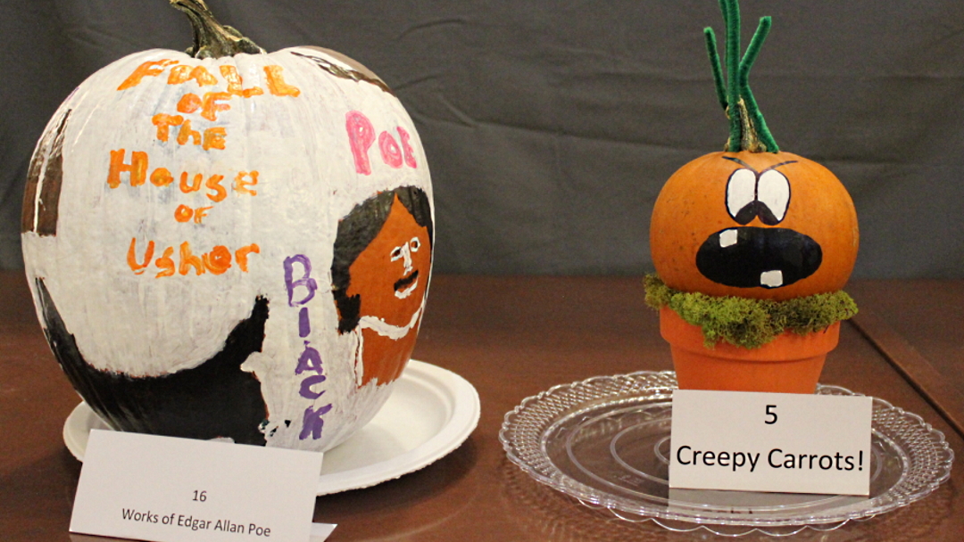 Pumpkins decorated as the House of Usher and "Creepy Carrots"