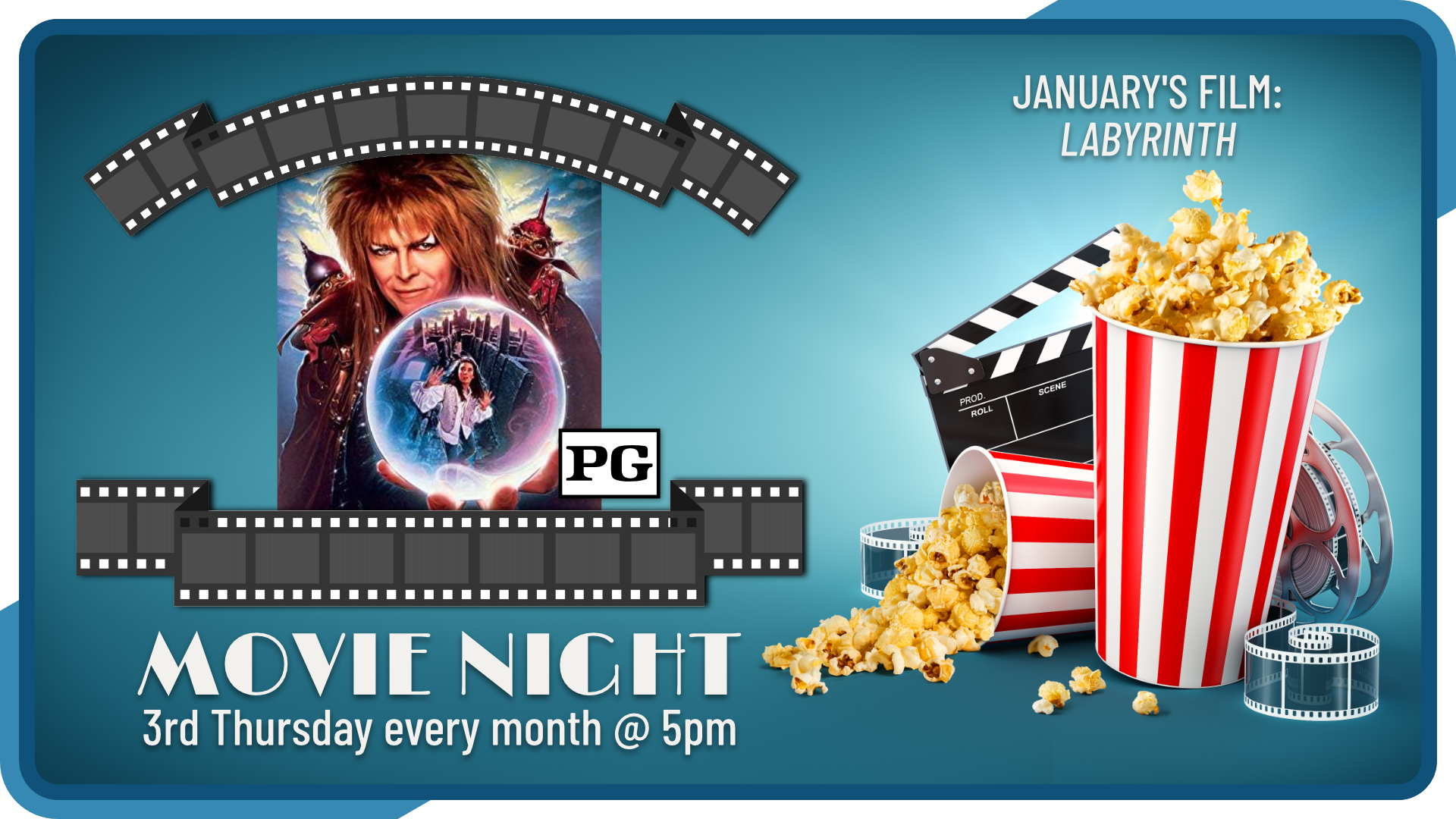 Movie Night, third Thursday monthly at 5pm, intended age groups vary by film rating