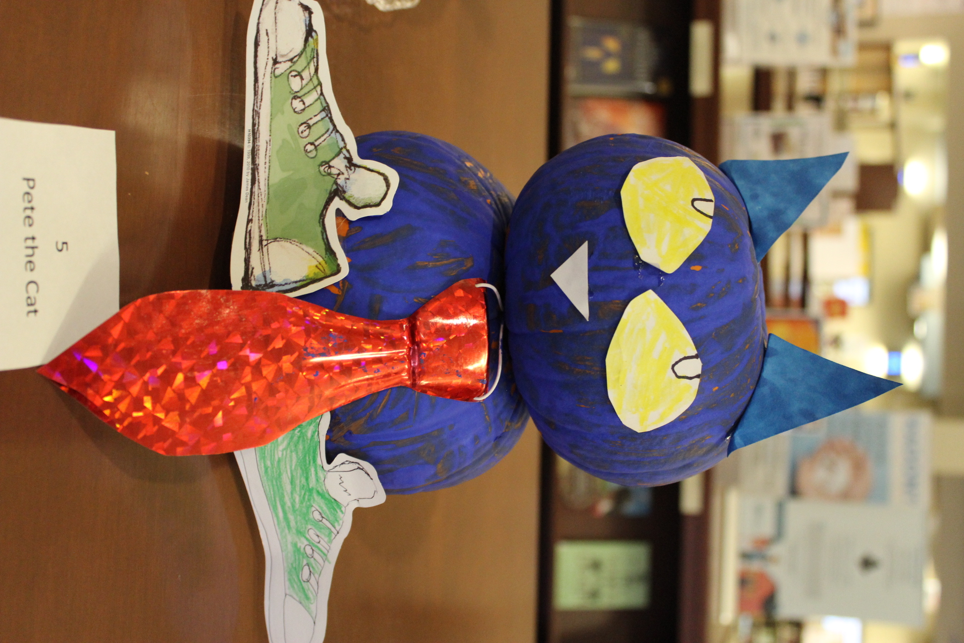 Pumpkin decorated as "Pete the Cat"