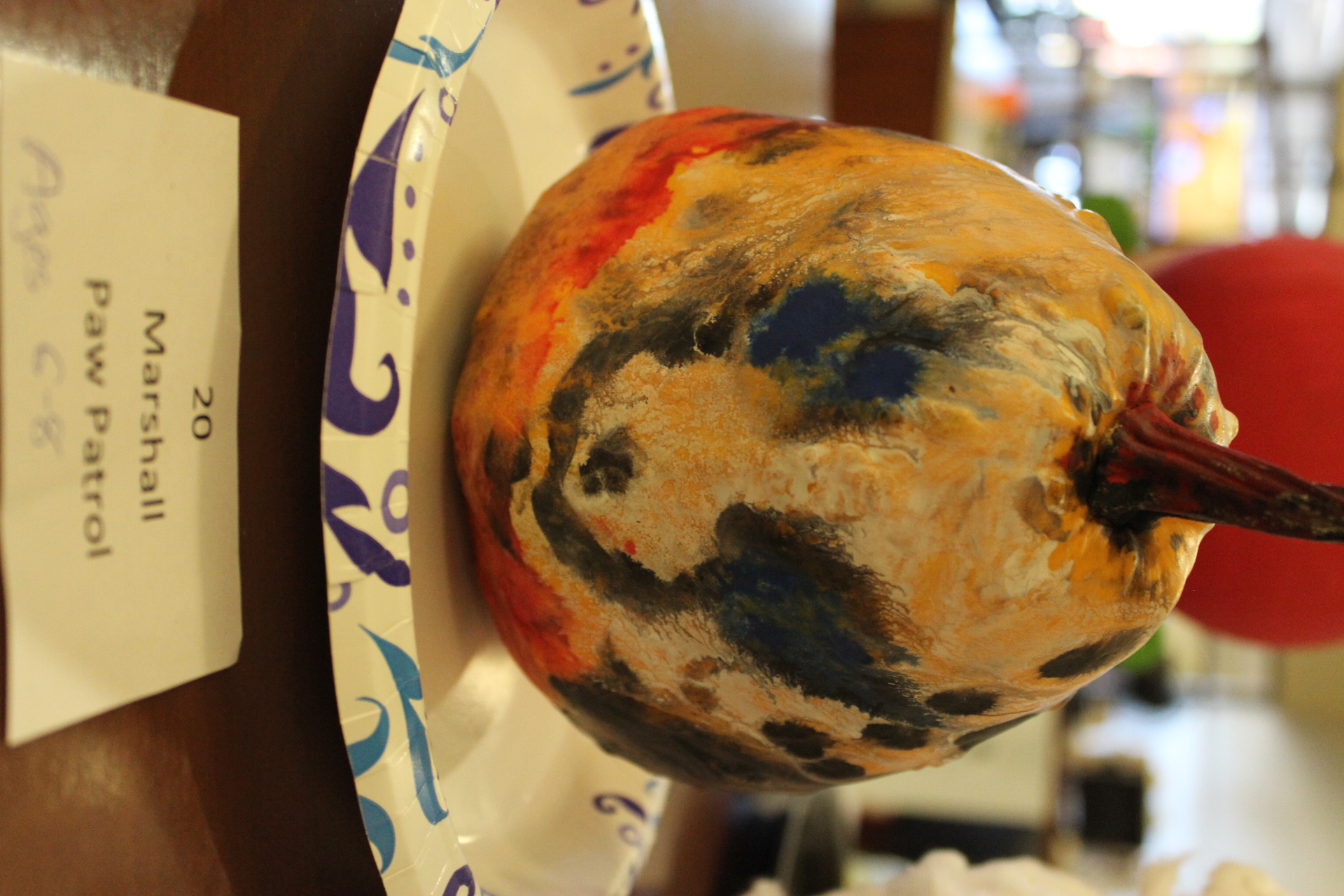 Pumpkin decorated as "Marshall from Paw Patrol"