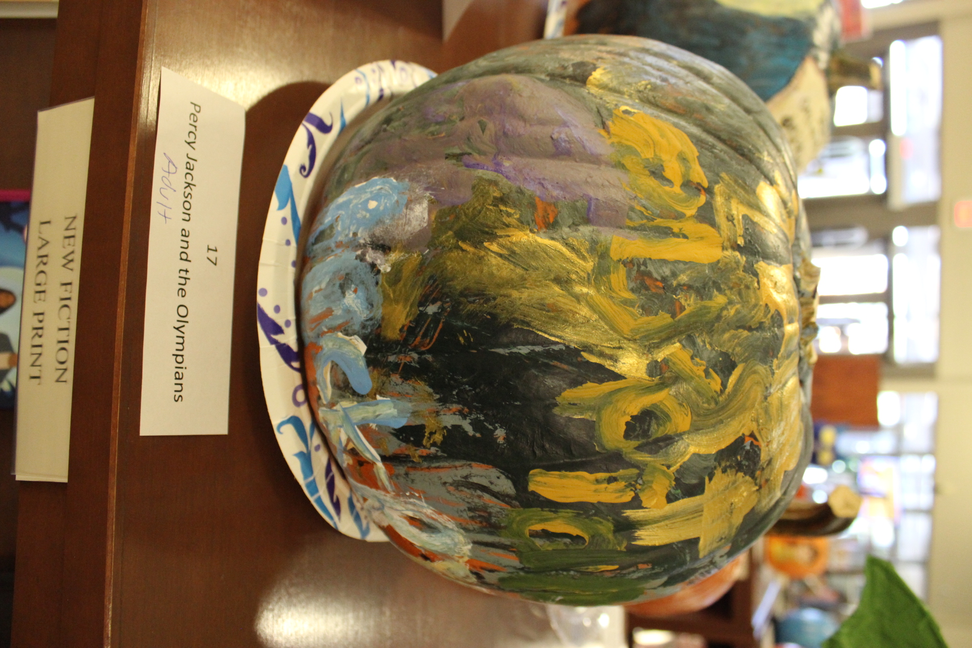 Pumpkin decorated as "Percy Jackson and the Olympians"
