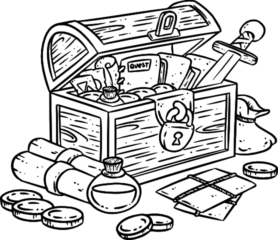 Fantasy treasure chest filled and surrounded with loot