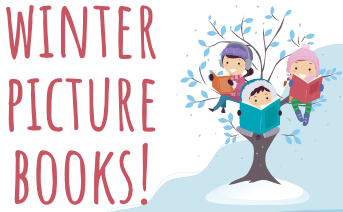 Winter picture books! Small children reading in a snowy tree. 