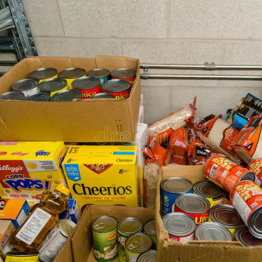 Shelf-stable foods organized in boxes for distribution