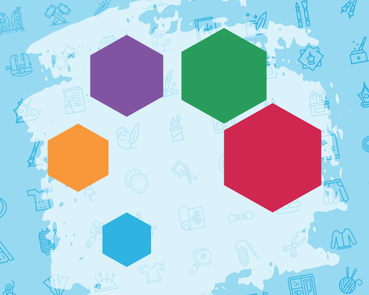 RCPL library of things logo, a blue, orange, purple, green, and red hexagon forming a spiral