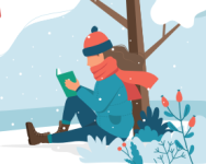 Winter Reading graphic depicting a girl bundled up in warm clothes sitting outside in the snow with a book in her hands