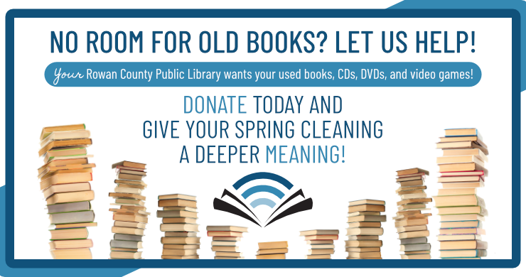 Text requesting donations of used books above RCPL logo, with stacks of books below