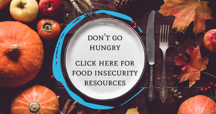 Table decorated with pumpkins, pomegranates, and persimmons with silverware and plate with text don't go hungry, click here for food insecurity resources